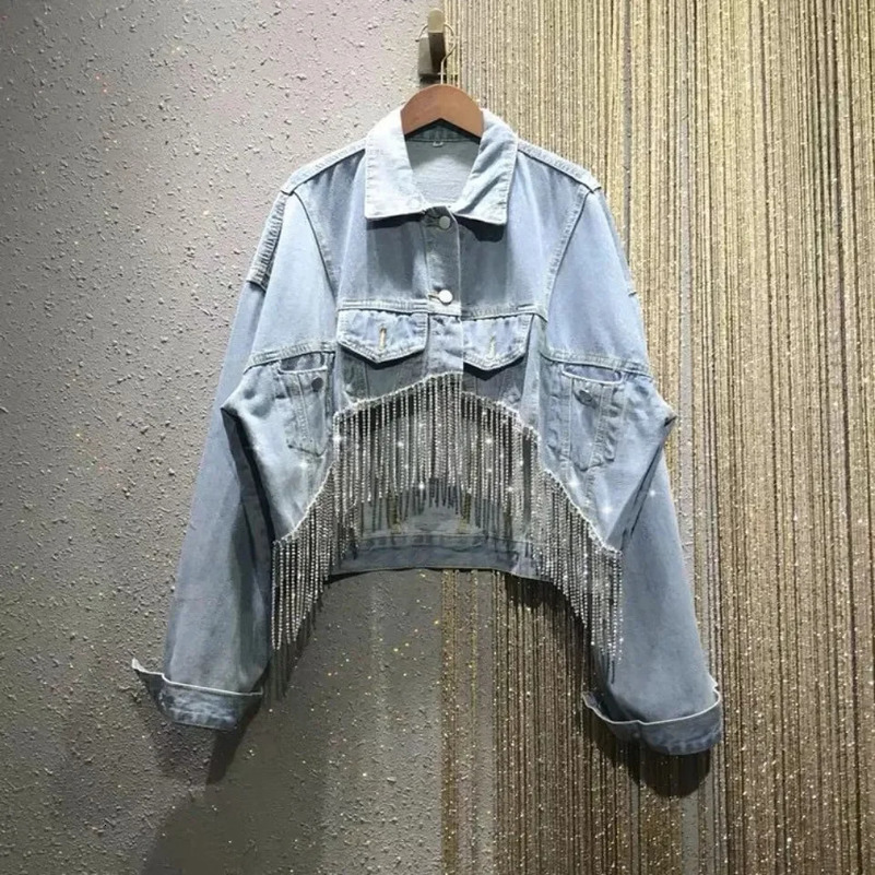 Spring Autumn Heavy Industry Rhinestone Tassel Denim Jacket Women Outwear Fashion Loose Fried Street Jeans Jacket Short Tops 250122