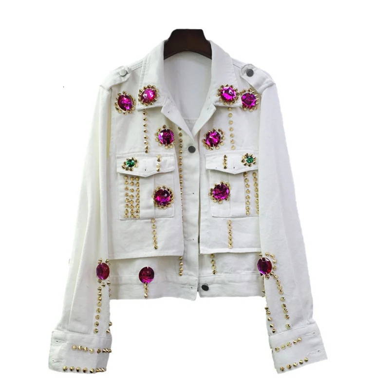 Heavy Work Diamonds Rivet White Blue Denim Jacket Women Loose Short Cow Outerwear Long Sleeve Big Pocket Jeans Jacket Female 250122