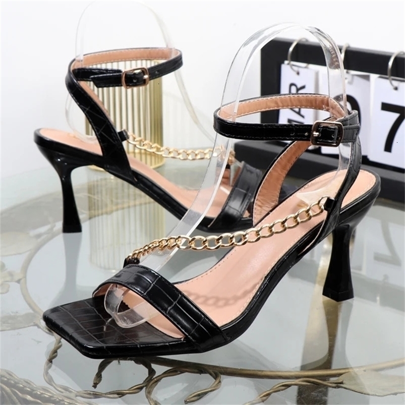 Metal chain with womens sandals summer stiletto high-heeled plaid womens shoes high-end fashion foreign trade heels shoes 240514