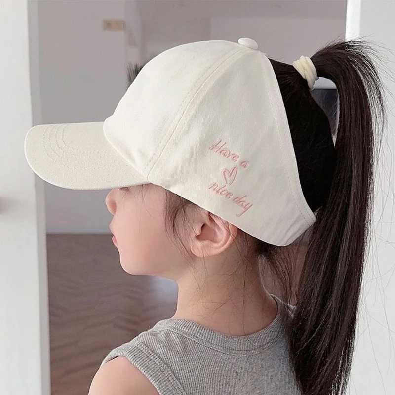 Embroidery Heart Kids Empty Top Hats Korean Girl Summer Sunshade Ponytail Baseball Caps Solid Color Outdoor Children Sun Hats Z251029