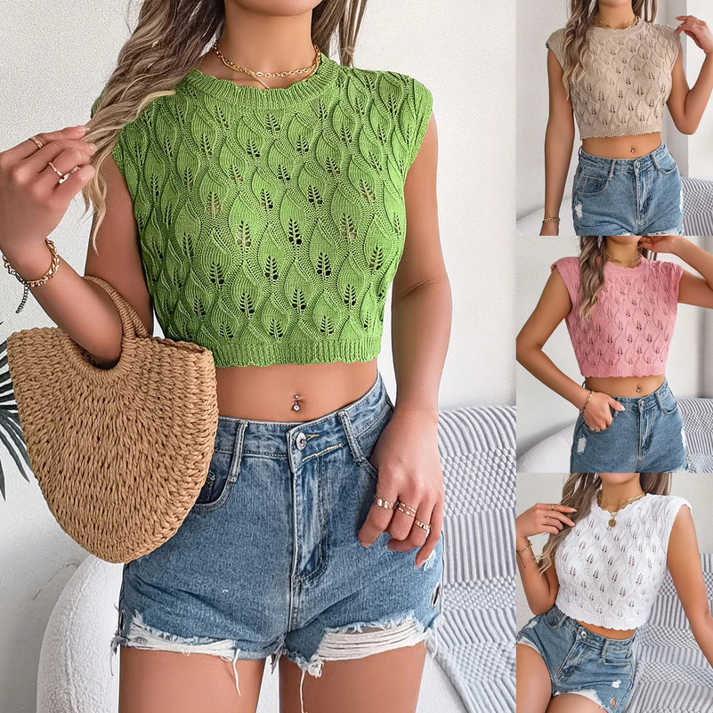 Summer Womens Sleeveless Tops Solid Color Hollow Out Ladies T-shirt Slim Fit Cropped Knitted Tops Vacation Womens Clothing 250417