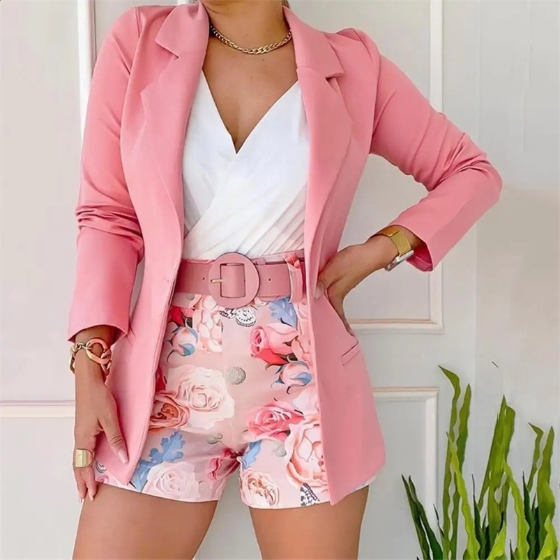 2 Pcs/Set Women Blazer Shorts Set Flower Print Suit Coat Shorts Suit Solid Color Coat Long Sleeves Lady Outfit Set For Daitng 240826