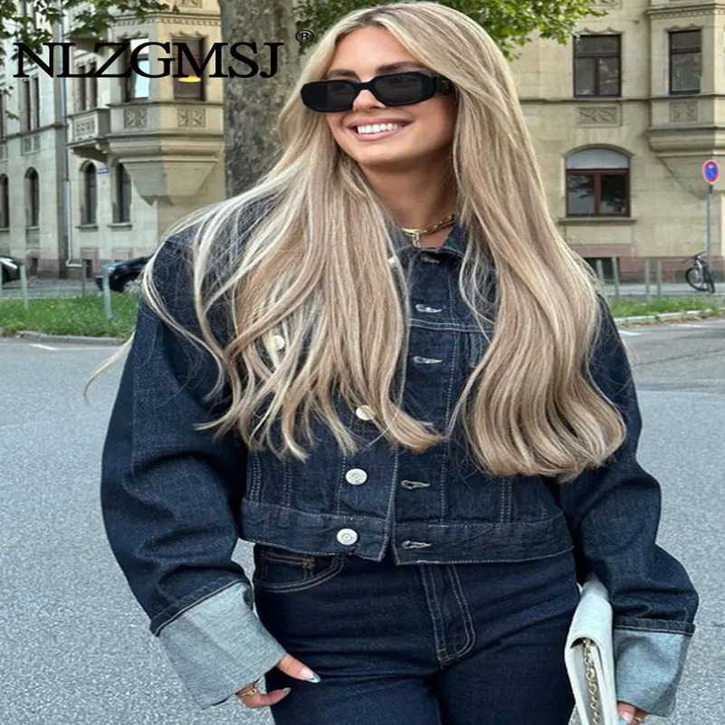 TRAF Autumn Womens Loose Short Denim JacketDrawstring Wide Leg Jeans 2-piece Set 241010