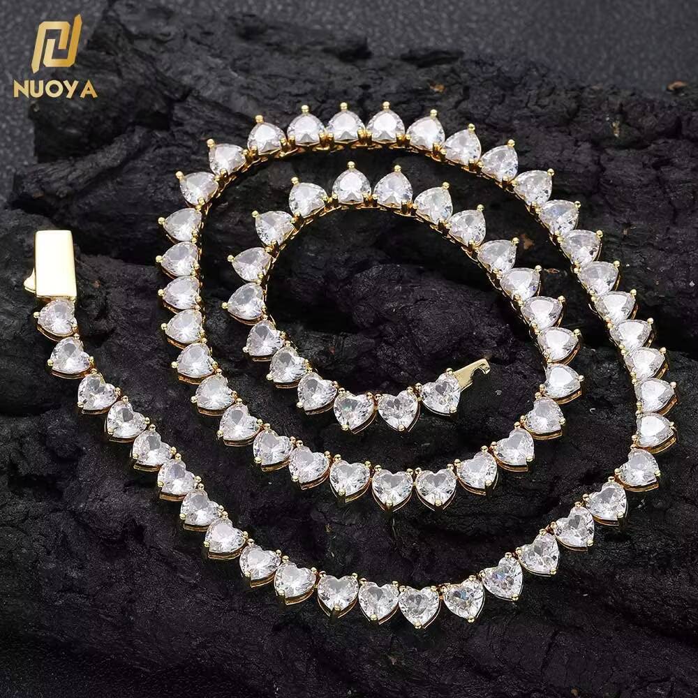 New Style Hiphop Jewelry 18K Gold Plated Iced Out Tennis Chain Heart Shape Moissanite Tennis Chain Necklace for Women
