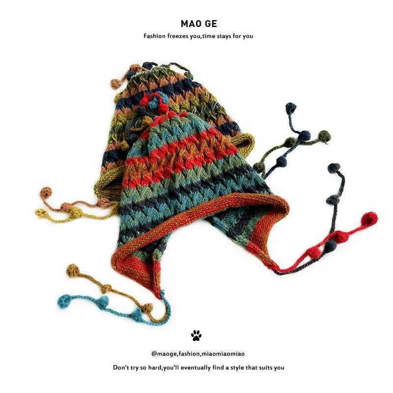 Korean Version Colored Ball Ear Protector Knitted Hat Wool Blend Beanie Women Fall Winter Retro Personalized Laceup Fringed Cap Z251029
