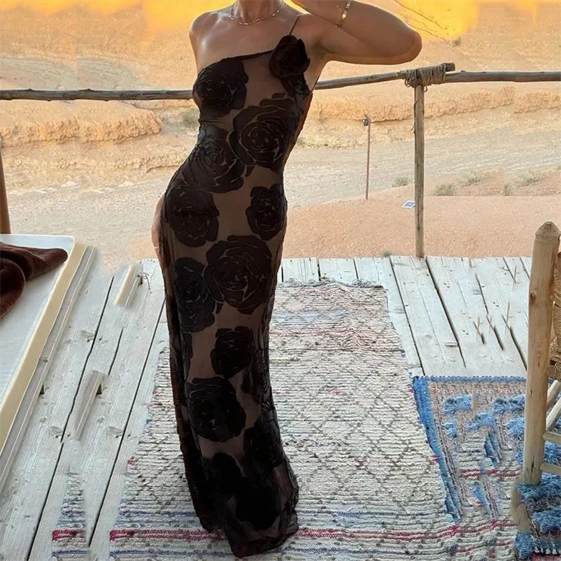 Women Elegant Diagonal Collar Evening Dress Fashion Flower Print Slim Bodycon Dress Sexy Sleeveless Halter Shoulder Long Dresses 240529