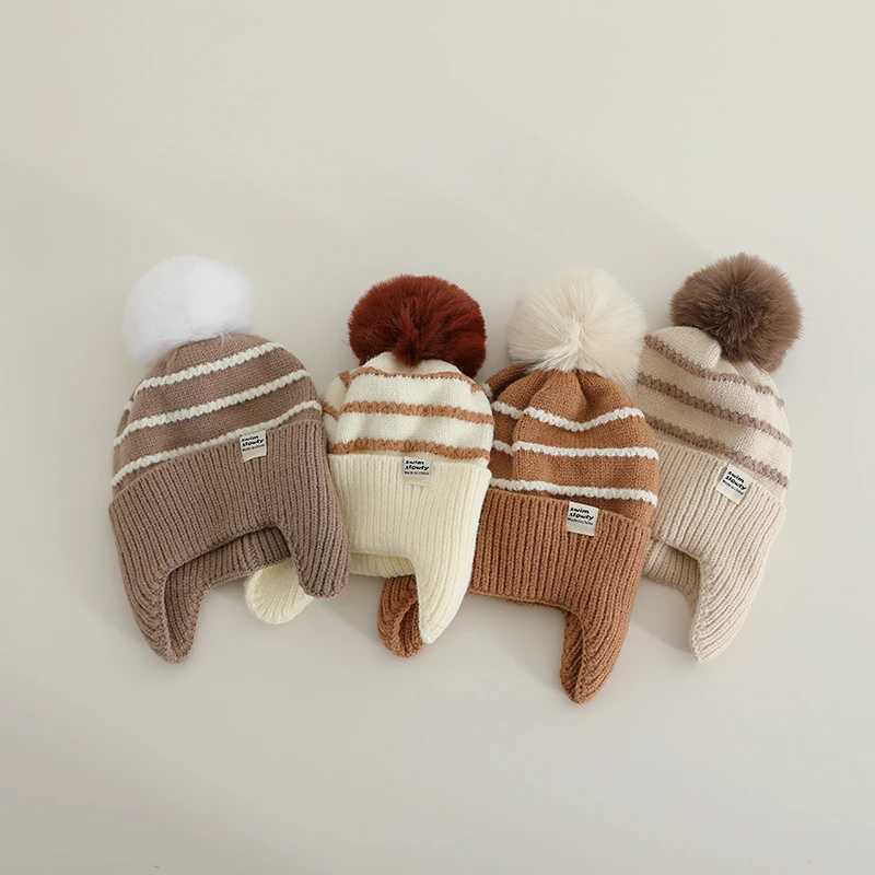 Fluffy Fur Ball Baby Knitted Ear Protection Hat Fashion Striped Kids Earmuffs Cap Winter Warm Children Woolen Beanies 13Year Z251029
