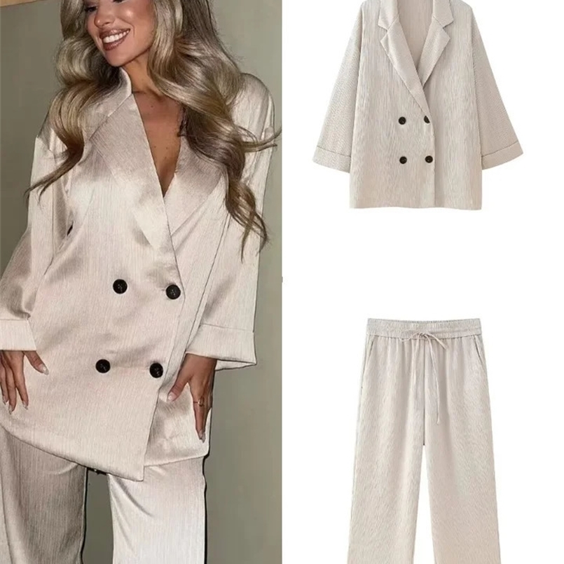 Casual Blazer Coat Pants Set Women Loose Lapel Long Sleeve Double Breasted Top Wide Leg Trousers Elegant Lady Office Outfit 240826