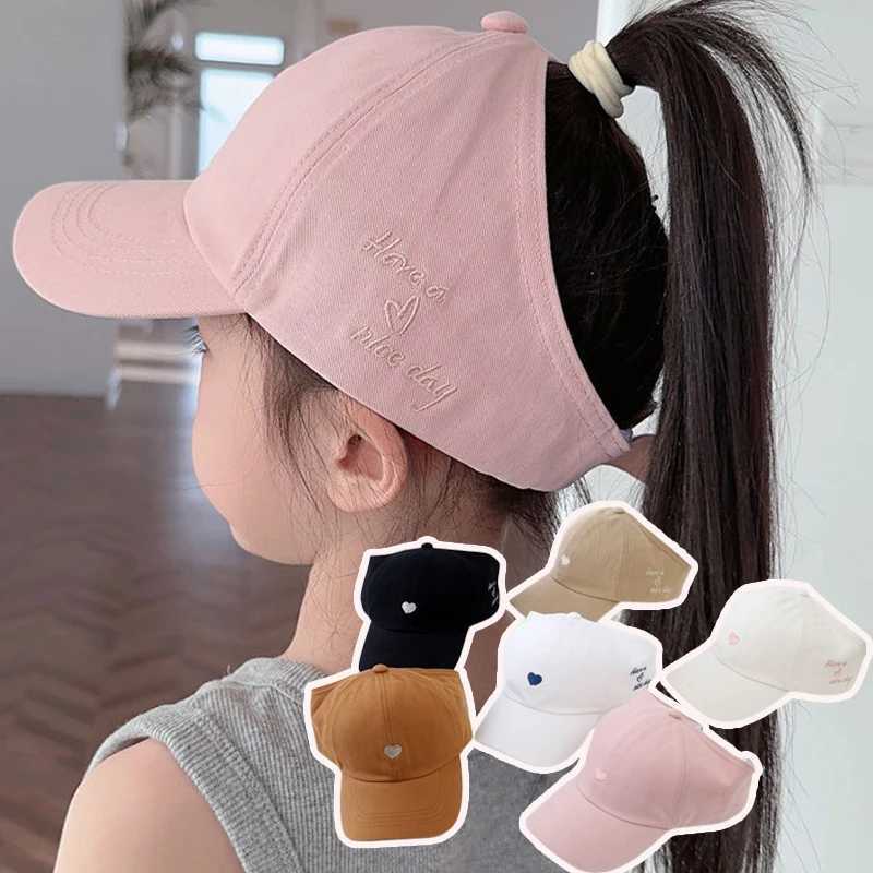 Embroidery Heart Kids Empty Top Hats Korean Girl Summer Sunshade Ponytail Baseball Caps Solid Color Outdoor Children Sun Hats Z251029