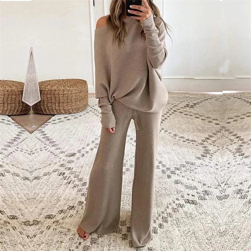 Casual Women Solid Color Elegant Two Piece Sets Winter Elegant O-Neck Pullover Tops and Loose Pants Suits Female Rib Streetwear 240826