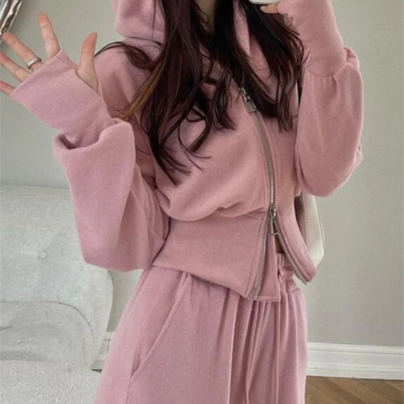 Korean Style Fashion Casual Female Tracksuit Women Two Piece Set Solid Color Hooded Zipper Short Cardigan and Sweat Pants Set 240820