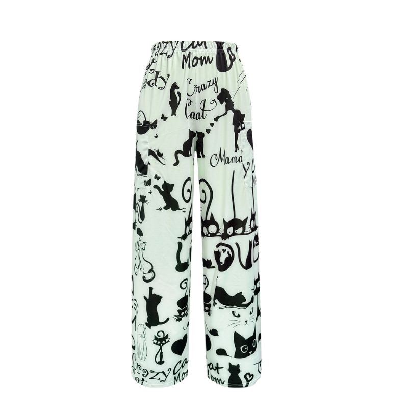 Women's Casual Cat Print Straight Leg Pants, Loose Trousers with Big Pockets for Autumn-CF40007