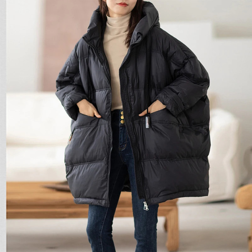 Lagabogy Winter Womens 90% White Duck Down Jacket Casual Loose Oversized Warm Parka Womens Drawstring Hooded Inflatable Jacket 241112