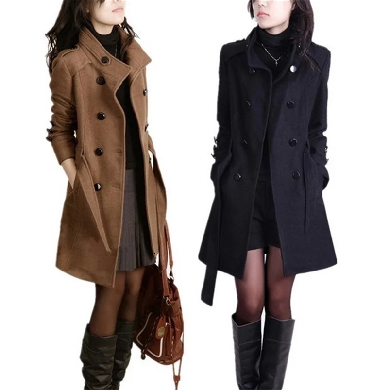 winter woolen coat with belt women ladies autumn Slim long sleeve woolen coats chic overcoat 240822