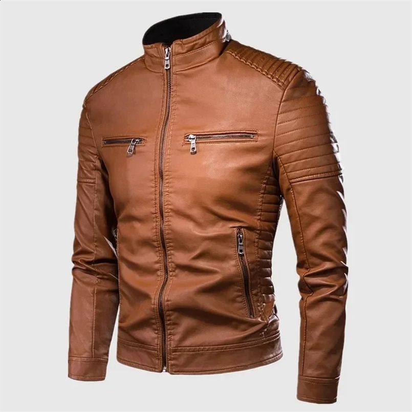 Mens Causal Vintage Leather Jacket Coat Men Spring Fashion Motor Biker Pocket PU Leather Jacket 240826