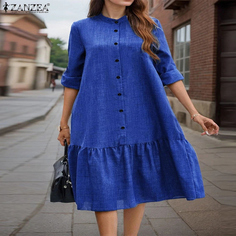 2025 ZANZEA Spring Sundress Women O Neck Long Sleeve Shirt Dress Solid Vestidos Casual Buttons Midi Robe Autumn OL Work Dresses 250122
