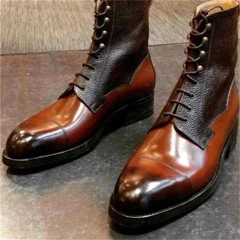 Men Pu Leather Shoes Low Heel Casual Dress Brogue Spring Ankle Boots Vintage Classic Male XM172 211023