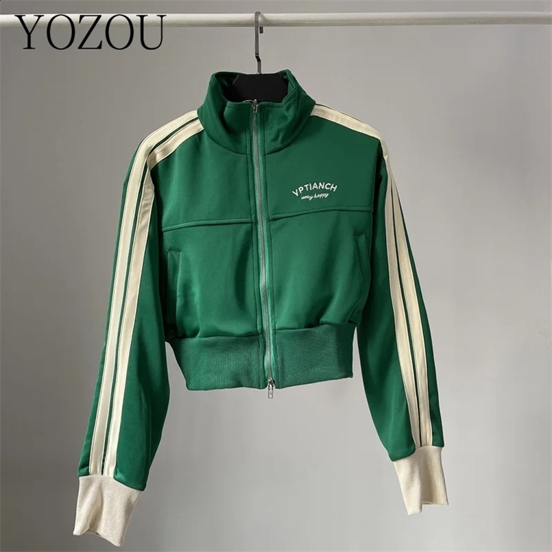 YOZOU Spring Double Zipper Baseball Cropped Jacket Women Outerwear Embroidered Striped Green Black White Blue Zip Up Coat 240827
