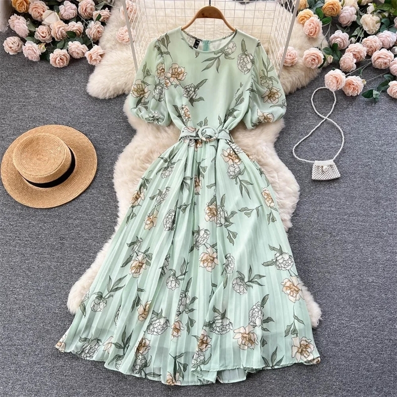 Summer Bohemian Women Tie Dye Printed Pleated Long Dress Boho O Neck Puff Sleeve High Waist Draped Maxi Vestido 240529