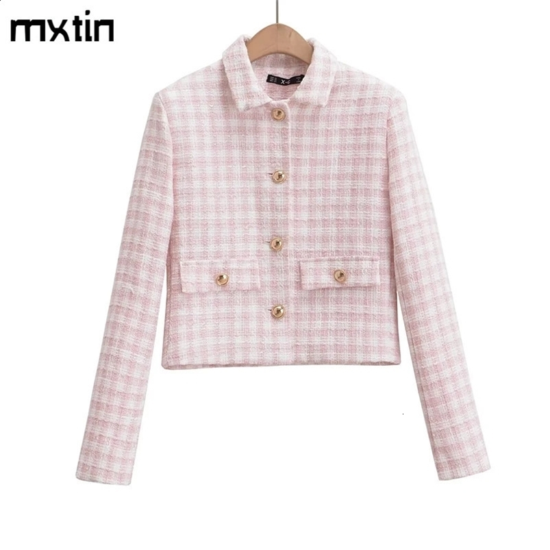 Womens Jacket Autumn Vintage Tweed Blazers Coats Fashion Single-breast Pink Plaid Suit Female in Outerwears Clothing Top 240819