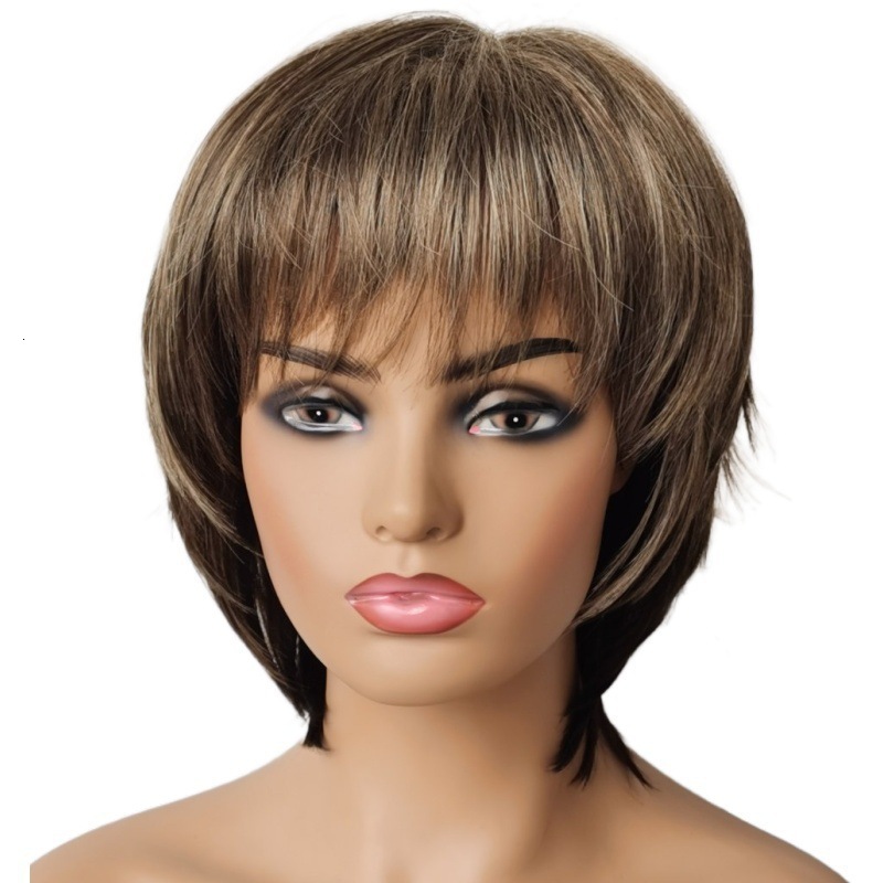 Capable and Fashionable Women's Wig Mixed Color Slightly Curly Air Bangs Short Hair