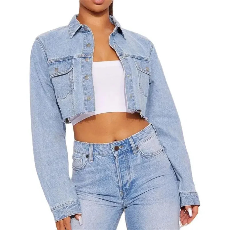 Women Light Blue Short Denim Jackets Trend Streetwear Outerwear Female Bust Patchwork Double Pockets Lapel Single-breasted Coat 250122