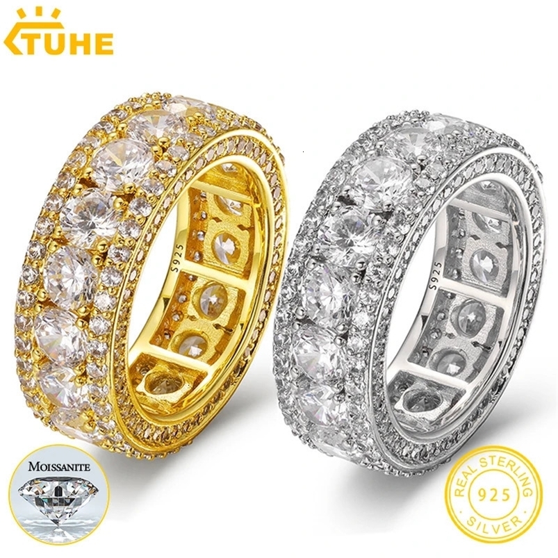 Top Quality 4mm 0.3ct Rings For Men Hip Hop Jewelry Sterling Silver 925 Bling Gold Plated 18K White 240530