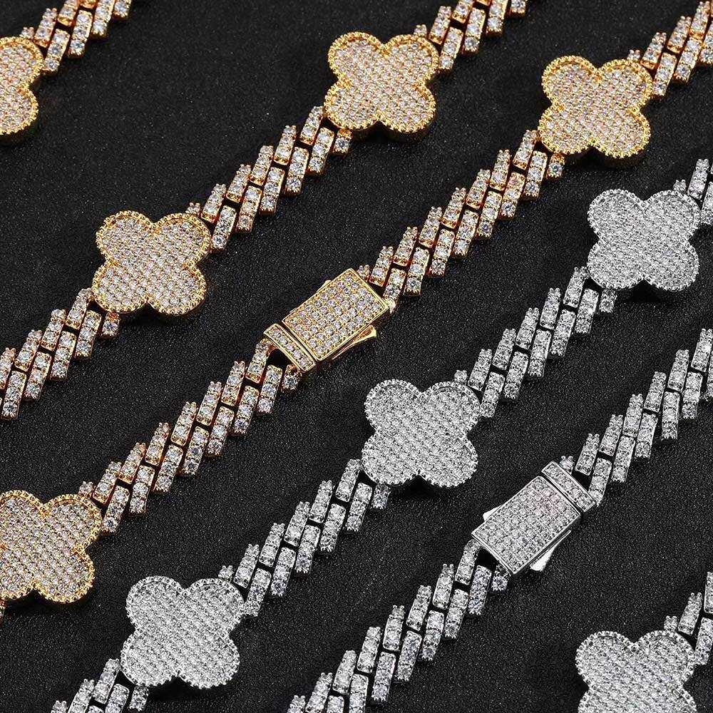 Lucky Four Leaf Clover Cuban Link Chain Single Row Diamond Prong Cuban Link Chain Necklace for Women Jewelry