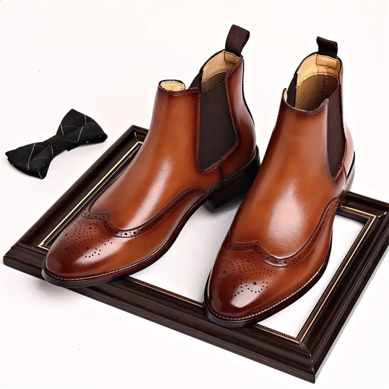 Mens Classic Retro Chelsea Boots Mens Brogue Leather Ankle Boots Mens Fashion Short Boots Casual Business Shoes 240821bj