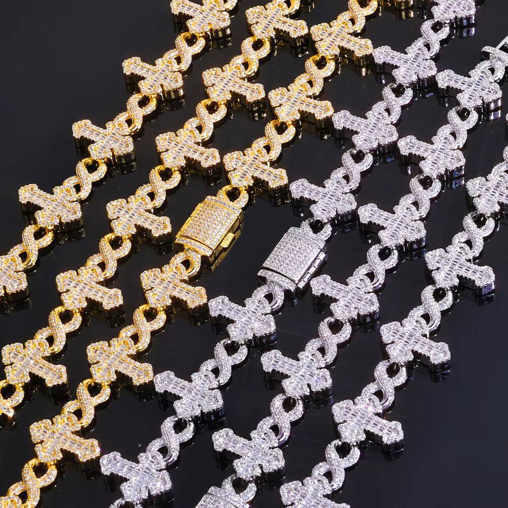 Fine Jewelry 15MM Iced Out Diamond Chain Gold Plated Flip Buckle Cross 8Character Infinite Design Bling Moissanite Necklace