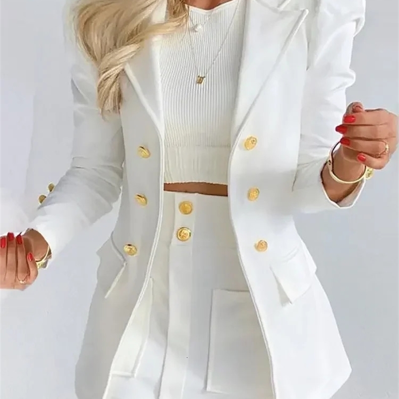 Womens Summer Long Sleeve Solid Color Jacket with Mini Skirt Two-piece Suit Tailleur Femme Blazer and Dress Sets 240826