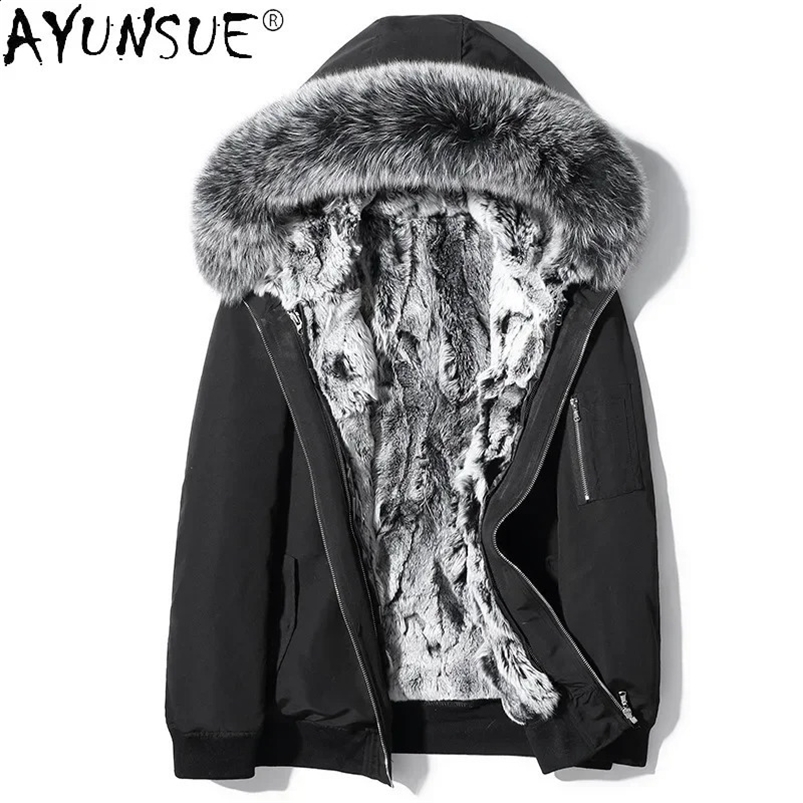 AYUNSUE Real Fur Parka Men Clothing Autumn Winter Detachable Rex Rabbit Fur Liner Fur Coat Hooded Fur Jackets Fox Fur Collar 240823