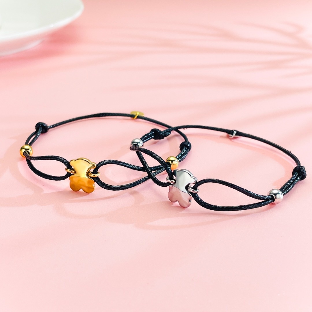 Fashion Women Men Silver Gold Bear Stainless Steel Hollow White Zircon Cartoon Animal Black Red Weave Rope Bracelets Jewelry Pulsera Gift