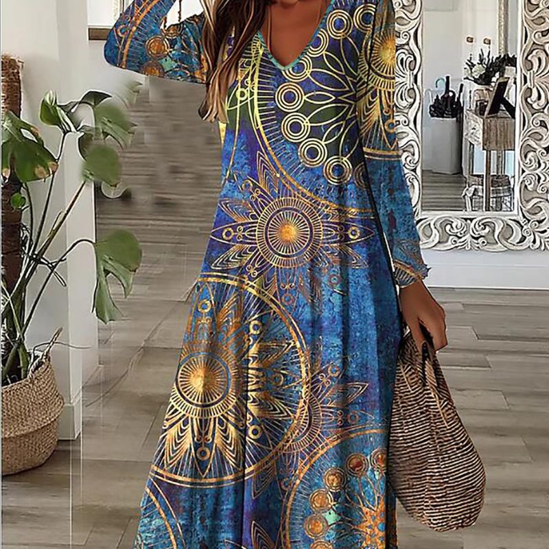 Women's Ethnic Retro Printed Long Dress, V - Neck Long Sleeve Milk Silk Maxi Dress for Party & Casual-CF40367