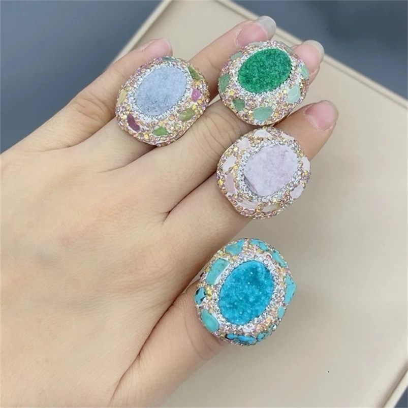 Unique Natrual Tourmaline Crystal Finger Rings Open Size Emerald Green Turquoise Irregular Shape Fashion Jewelry for Women 240626