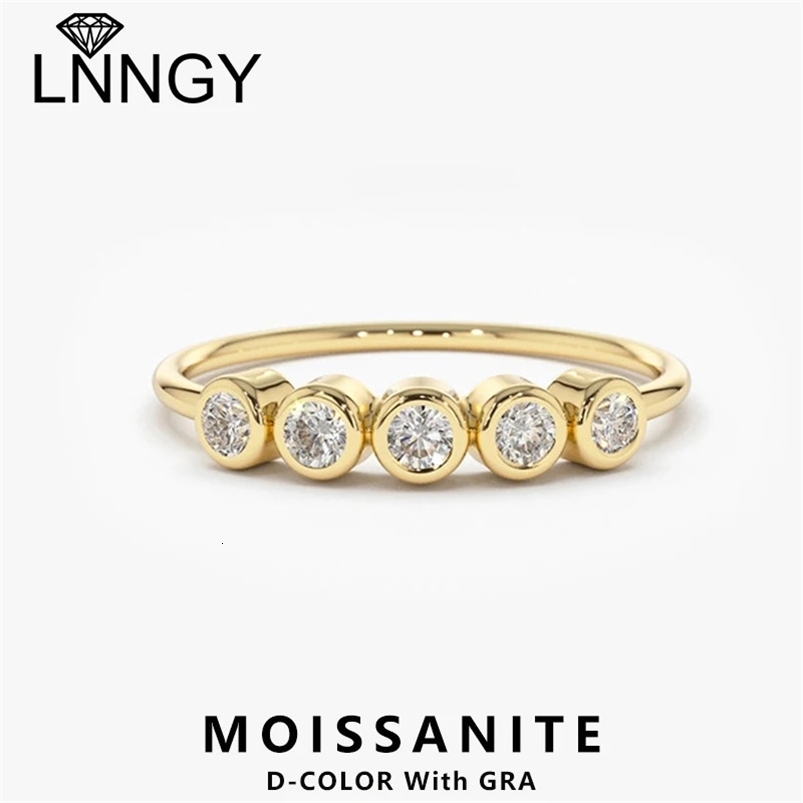 Lnngy 3MM Bezel Ring Certified Original 925 Sterling Silver 5 Stones Wedding Band For Women Laidies Sparkling Jewelry 240530