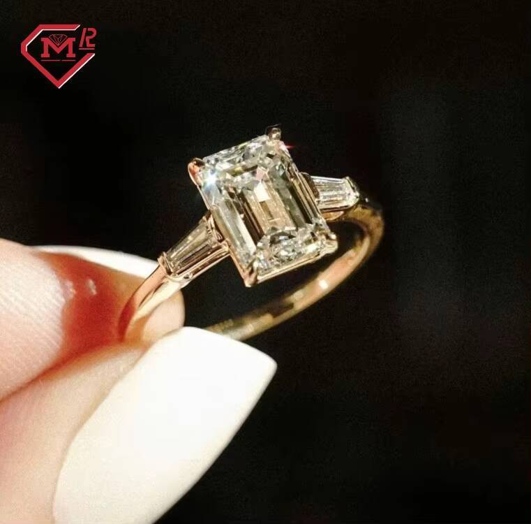 Custom Moissanite Engagement Rings Three Stone 10K Yellow Gold Emerald Cut Vvs Iced Out Moissanite Ring