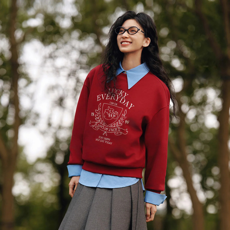 Semir Hoodie Women n-featured Embroidered Loose and Lazy 2025 Spring Round-neck Drop-shoulder Pullover Fashionable 250113