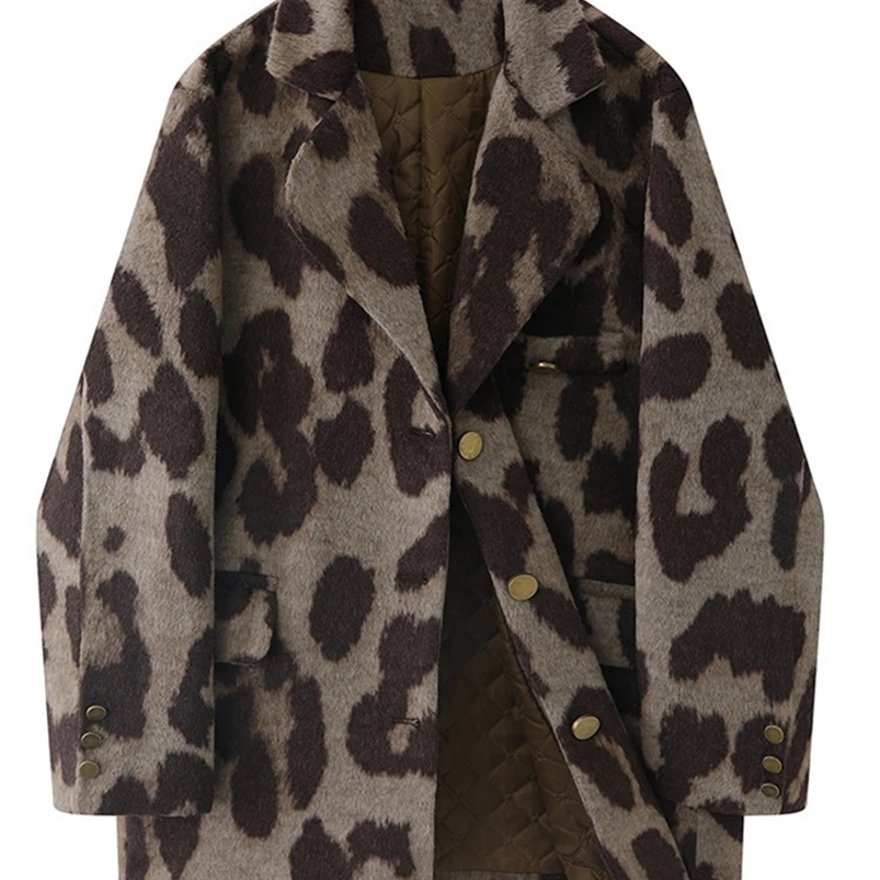 Winter Women Old Money Leopard Print Jacket 90s Vintage Blazer Woolen Coat Single-breasted Outwear Warm Thick Oversize Harajuku 240822