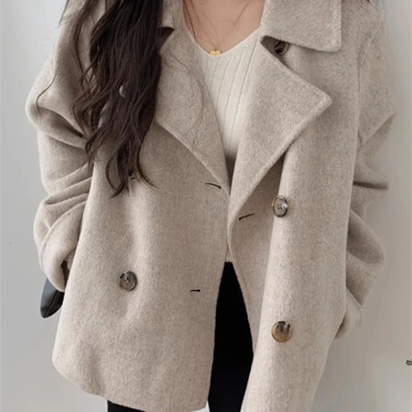 Autumn Winter Coat Women Korean Style Faux Woolen Jacket Female Vintage Fashion Double Breasted Outerwear Casual Loose Chic Coat 240822