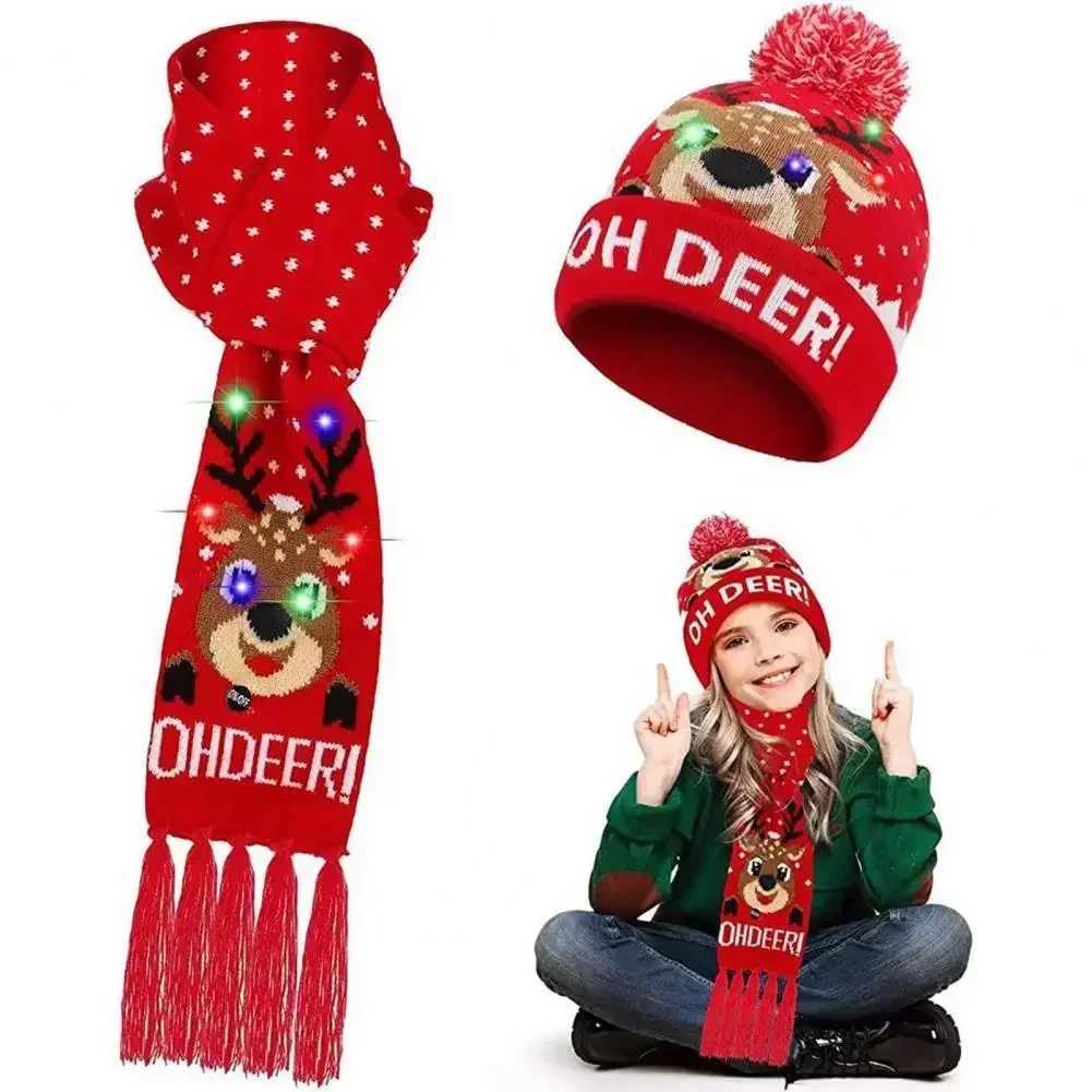Children Hat Scarf Set LED Christmas Cap Snowflake Santa Elk Xmas Tree Print Winter Cap New Year Festive Tassel Scarf Beanie Set Z251029