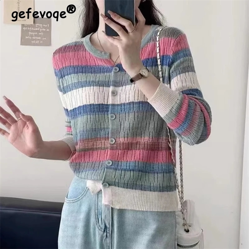 Womens Clothing Spring Autumn Rainbow Striped Patchwork Sweet Chic Knitted Cardigan Casual V Neck Long Sleeve Slim Sweater Coat 240824