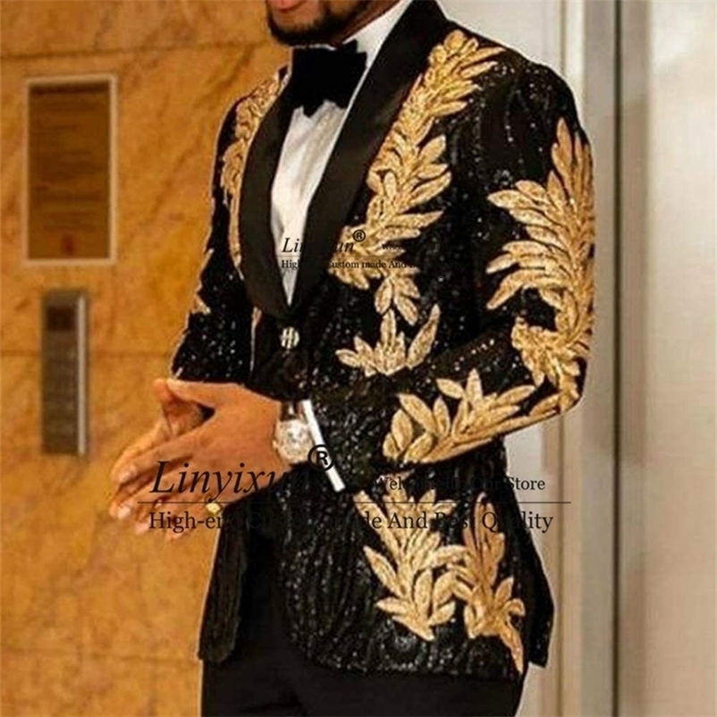 Slim Fit terno masculino Shiny Sequins Gold Applique Suits Men Prom Tuxedos Grooms Set 2 PiecesBlazerPants Costume Homme 220817