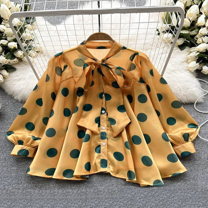 Womens Spring Summer All-match Chiffon Shirt Bow Tie Long-sleeved Polka Dot Western-style Top Blouse D999 250417