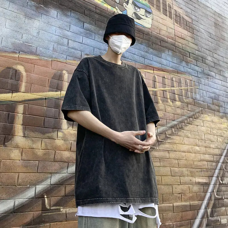 Harajuku Y2k Man Washed T-shirts Loose 100% Cotton Y2k Clothing Vintage Short Sleeve Crew Neck Tee Male Gothic Tops Summer 250417