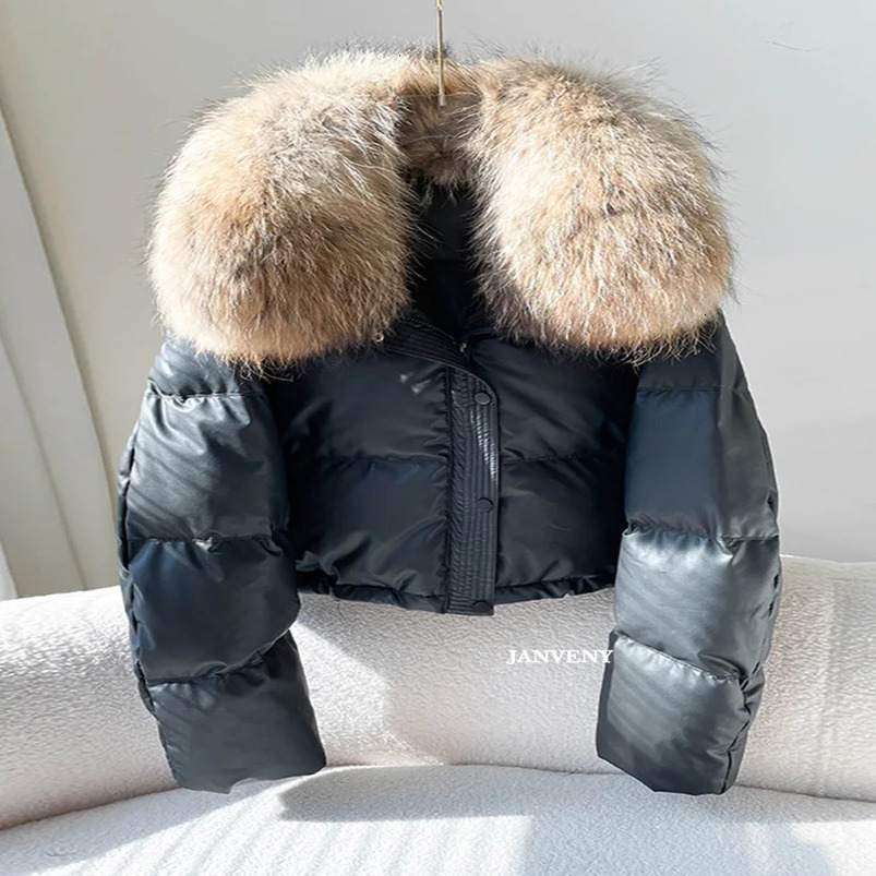 Janveny Real Natural Fur Winter Stand collar short Pu puff jacket womens thick duck style warm jacket 241112