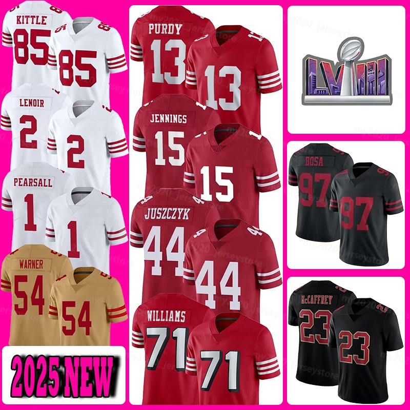 13 Brock Purdy Football Jerseys 85 George Kittle 54 Fred Warner Nick Bosa Christian McCaffrey Kyle Juszczyk Deommodore Lenoir Trent Williams Jauan Jennings Aiyuk
