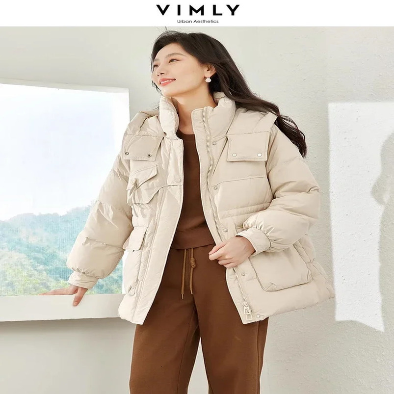 Vimly Hooded White Duck Womens Down Jacket Winter Stand Collar Windproof Thick Zipper Long Puff Jacket Coat 50675 241112