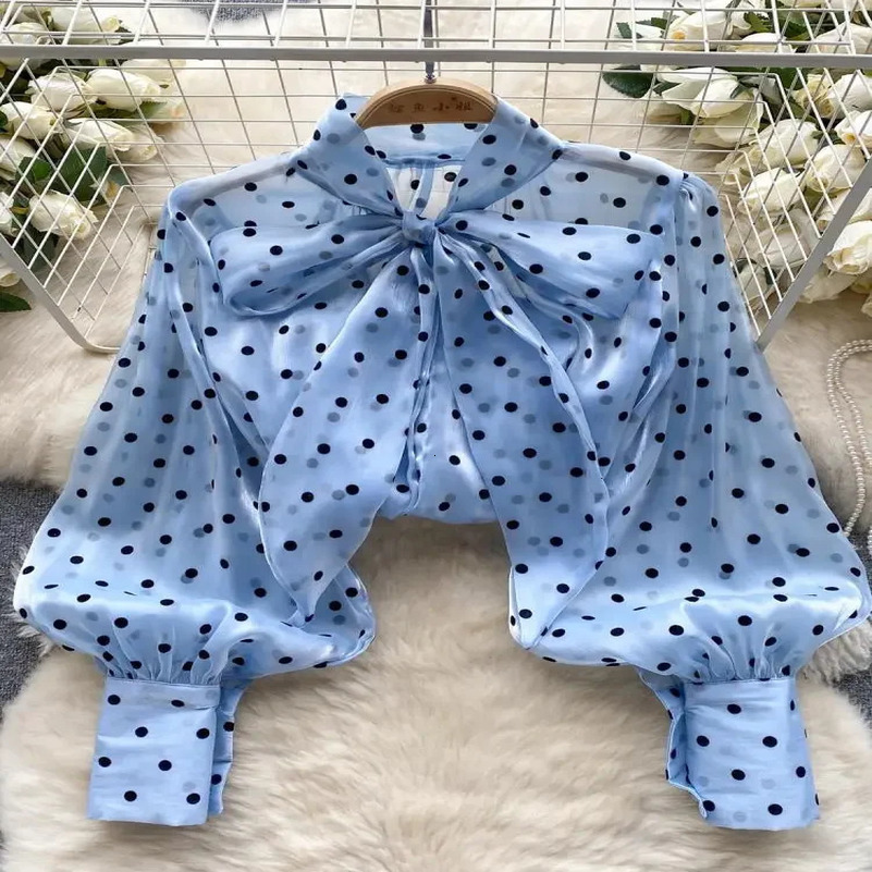 2025 Womens Vintage Festival Polka Dots Single Breasted Shirt Elegant Sweet Bow Long Sleeve Loose Office Ladies Blouses Tops 250417