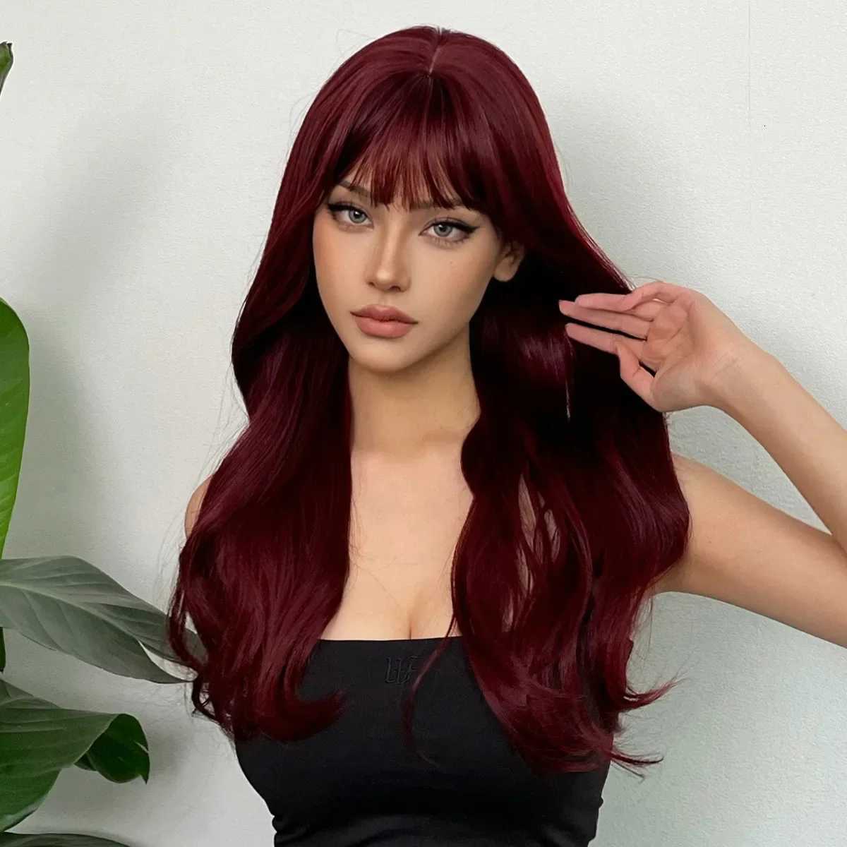 New wine red synthetic wig with bangs big waves long curly hair daily holiday wig high temperature silk full head cover C250922